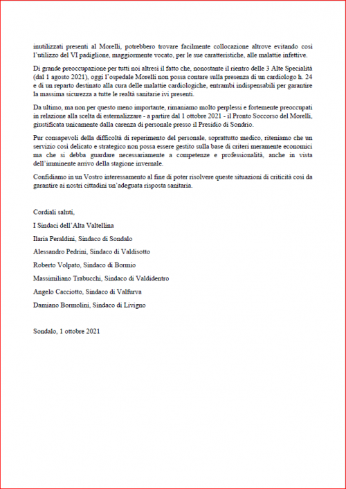 lettera Sindaci 3 ottobre 2021